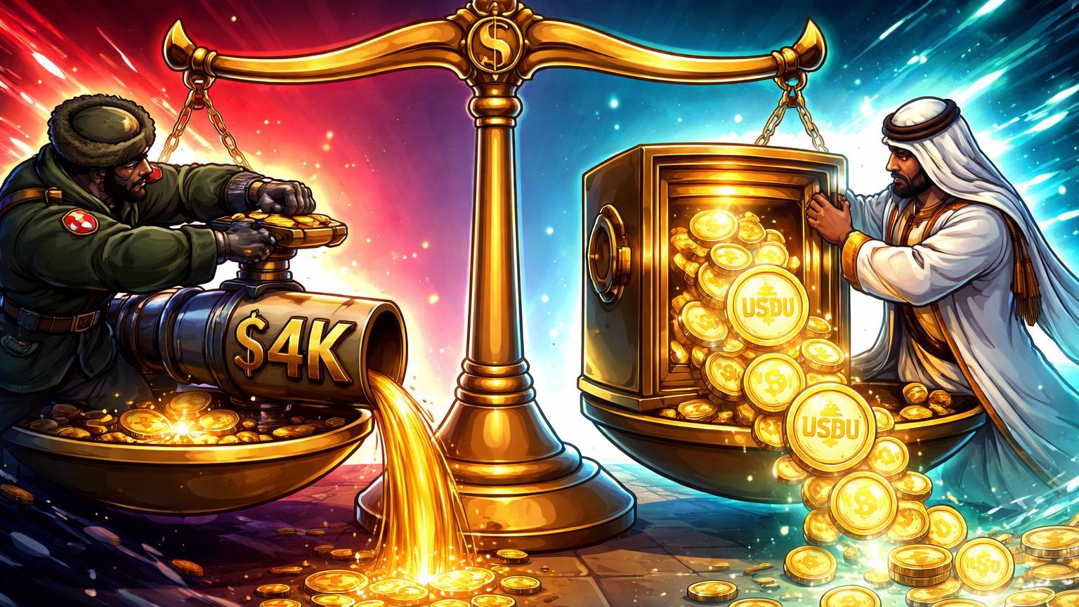 Balança cartoon com Rússia bloqueando cripto a $4K e UAE liberando USDU de cofre, simbolizando contrastes regulatórios geopolíticos