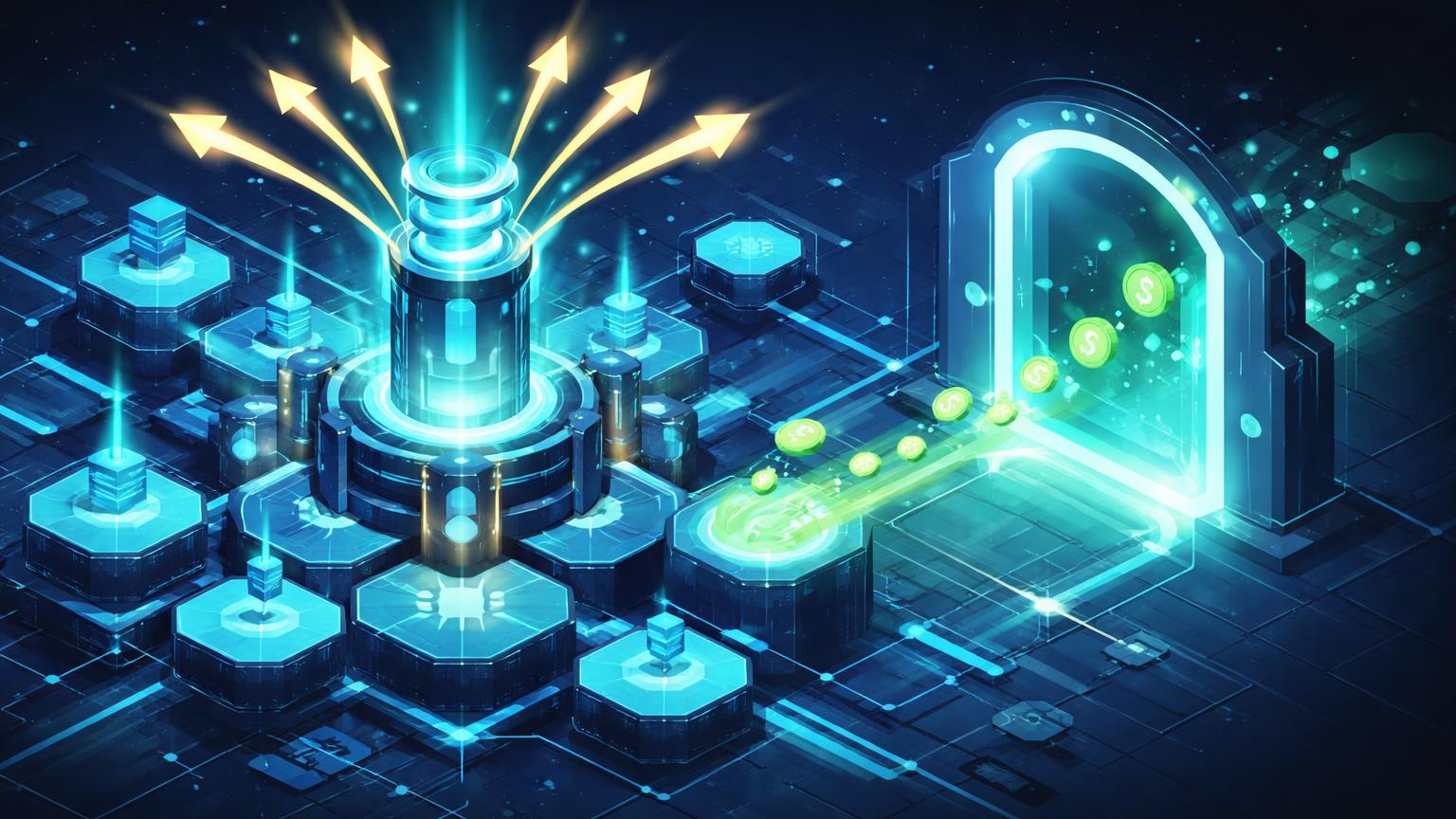 Estrutura isométrica XRPL com novo módulo de empréstimos ativado por votos e portal para Arc blockchain, simbolizando avanços DeFi