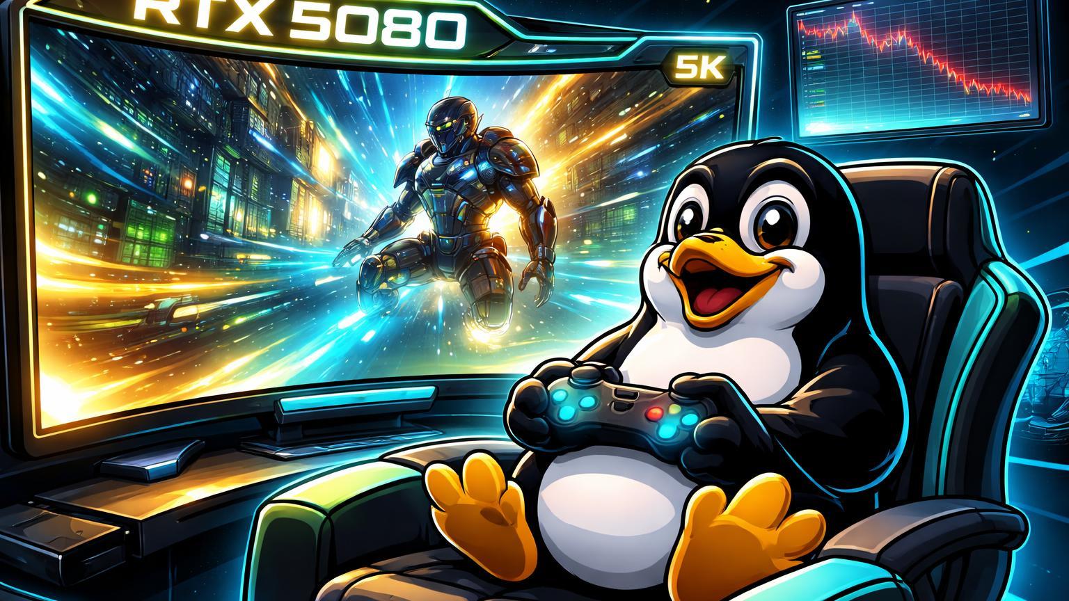 Pinguim Tux cartoon sorridente jogando em tela 5K RTX 5080, ignorando gráficos cripto em queda, celebrando beta GeForce NOW no Linux