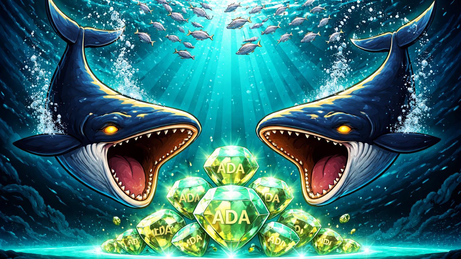 Baleias cartoon mergulhando para acumular cristais ADA em oceano digital, enquanto peixes varejo fogem, simbolizando divergência on-chain em Cardano