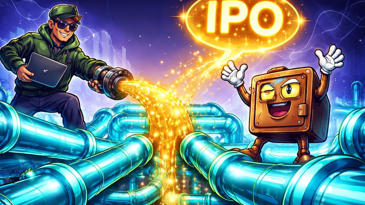Personagens cartoon Robinhood injetando ouro em tubulações Talos e Copper mirando IPO, simbolizando maturidade da infraestrutura cripto