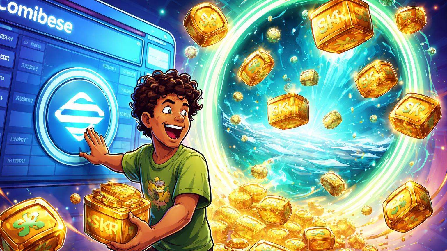 Trader cartoon brasileiro ativando portal Jupiter na Coinbase para acessar tokens Solana e airdrop SKR, facilitando trades on-chain