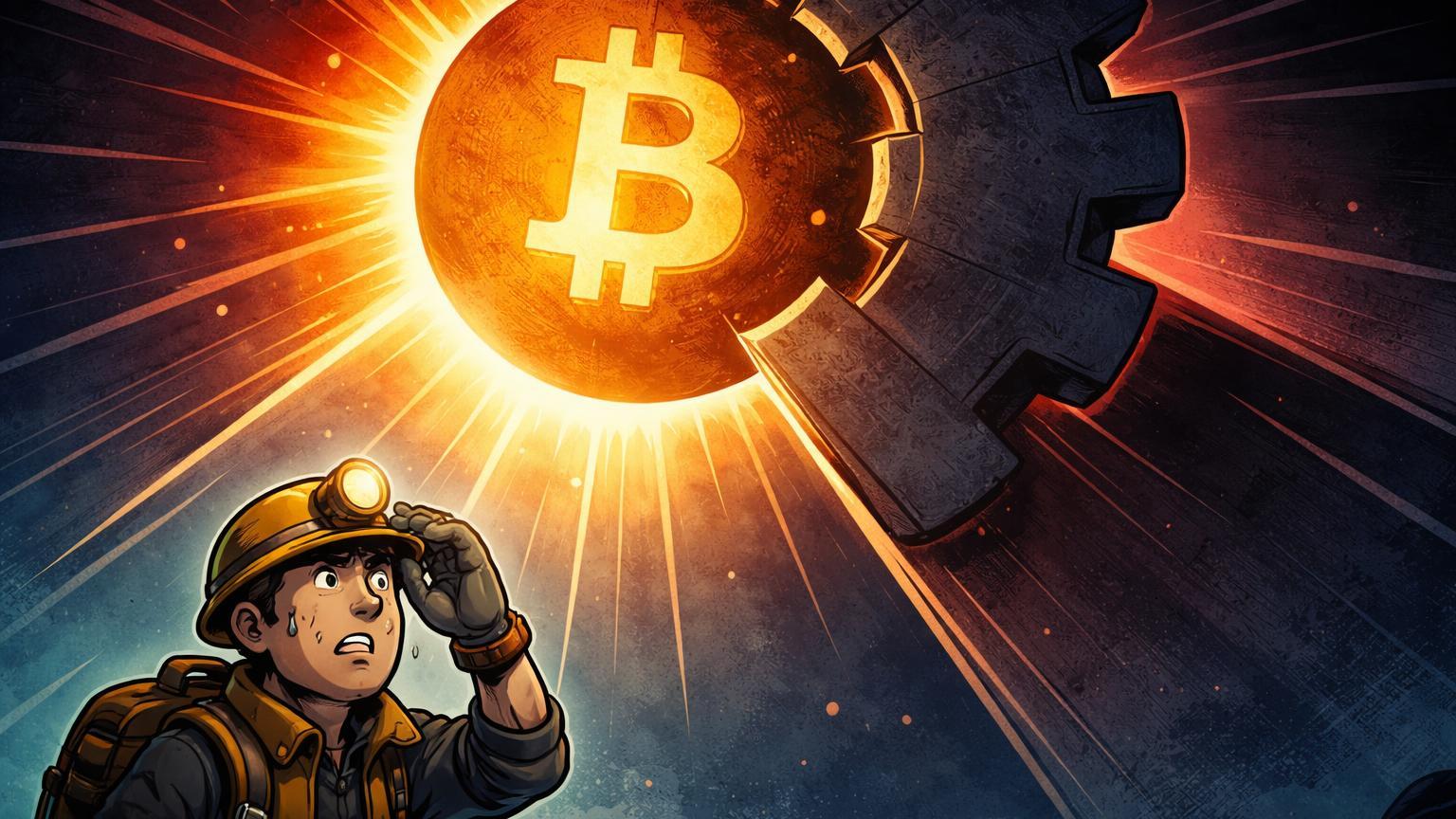 Personagem holder cartoon sob sol dourado eclipsado por sombra hawkish, simbolizando queda do Bitcoin com medo de chair hawkish no Fed