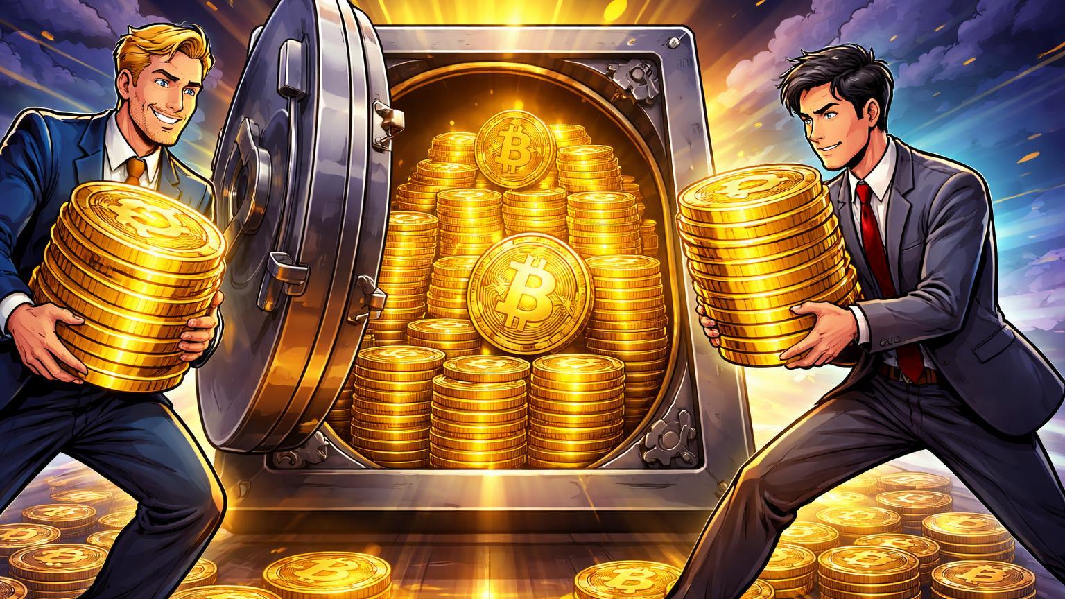 Executivos cartoon ocidental e japonês enchendo cofre com Bitcoin dourado, simbolizando tesouraria da Metaplanet como MicroStrategy da Ásia