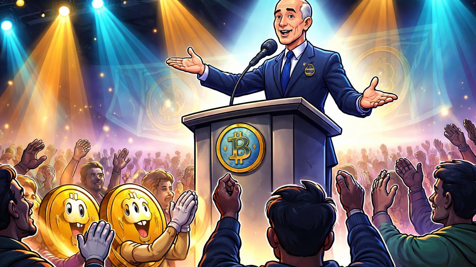 Personagem SEC cartoon palestrando em palco da Bitcoin Conference para multidão cripto animada, marcando transição para regulação amigável