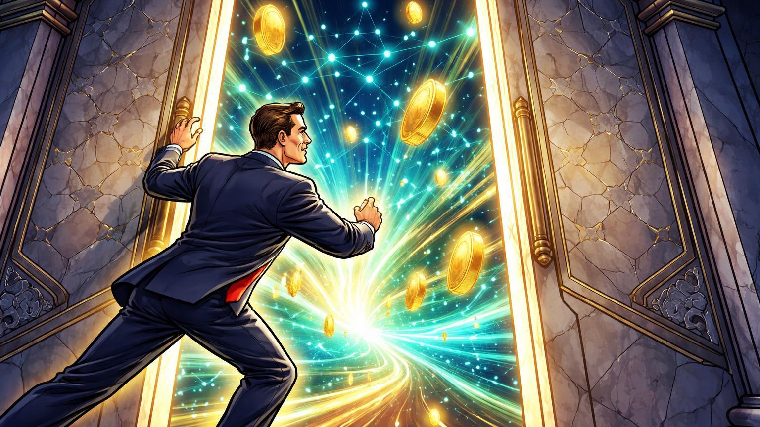 Regulador cartoon abrindo portas para rede blockchain cyan e cristais dourados, simbolizando oficialização SEC de ações tokenizadas