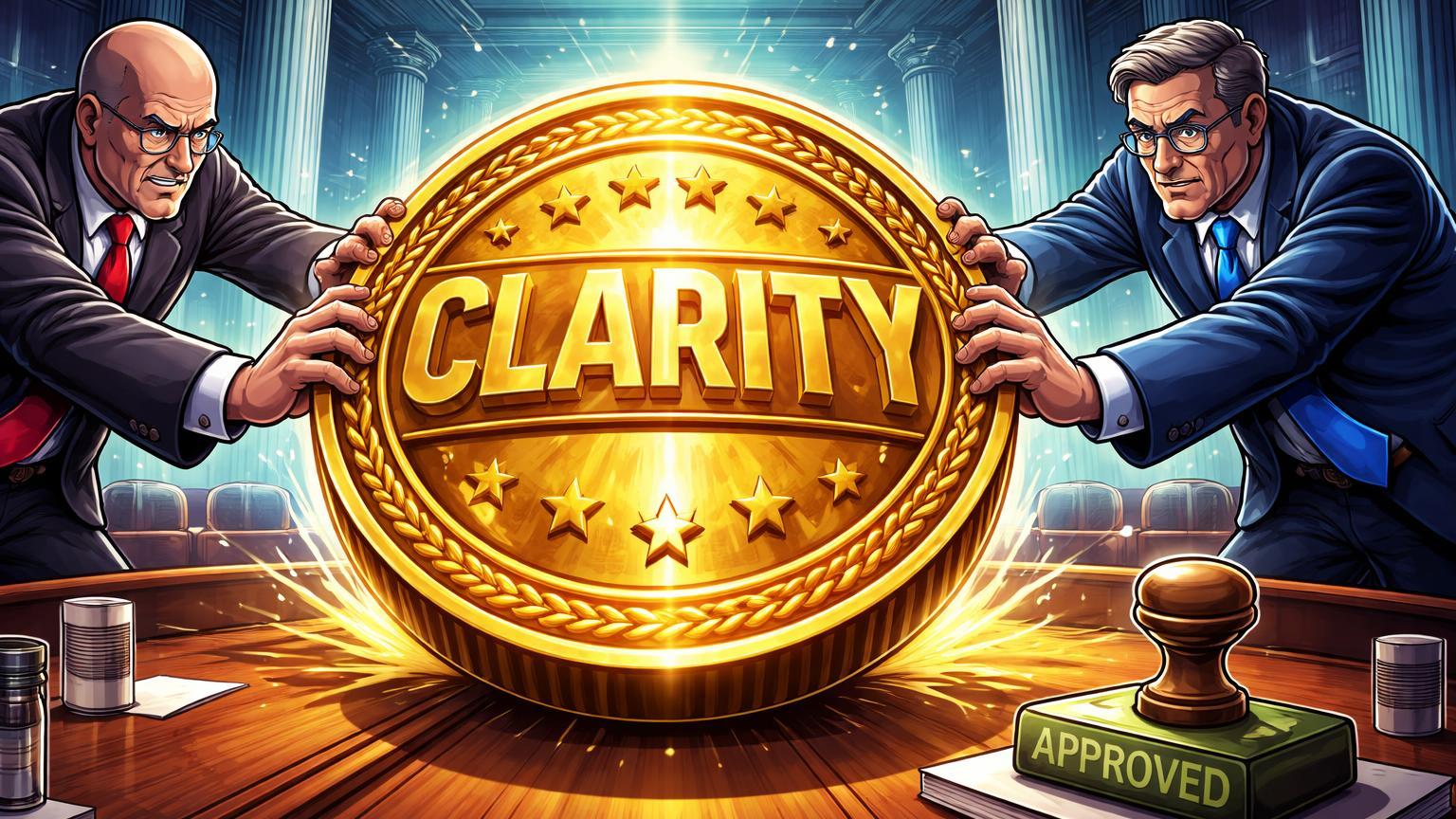 Senadores cartoon vermelhos e azuis empurrando selo CLARITY dourado em mesa de comissão, simbolizando avanço regulatório cripto com desafios partidários no Senado EUA