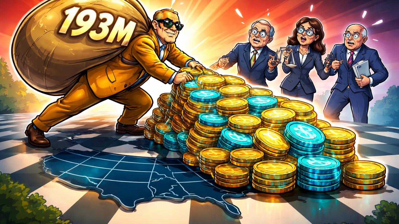 Personagem cartoon Super PAC despejando moedas com 193M sobre tabuleiro eleitoral, senadores democratas questionam, simbolizando influência pró-cripto nas midterms 2026