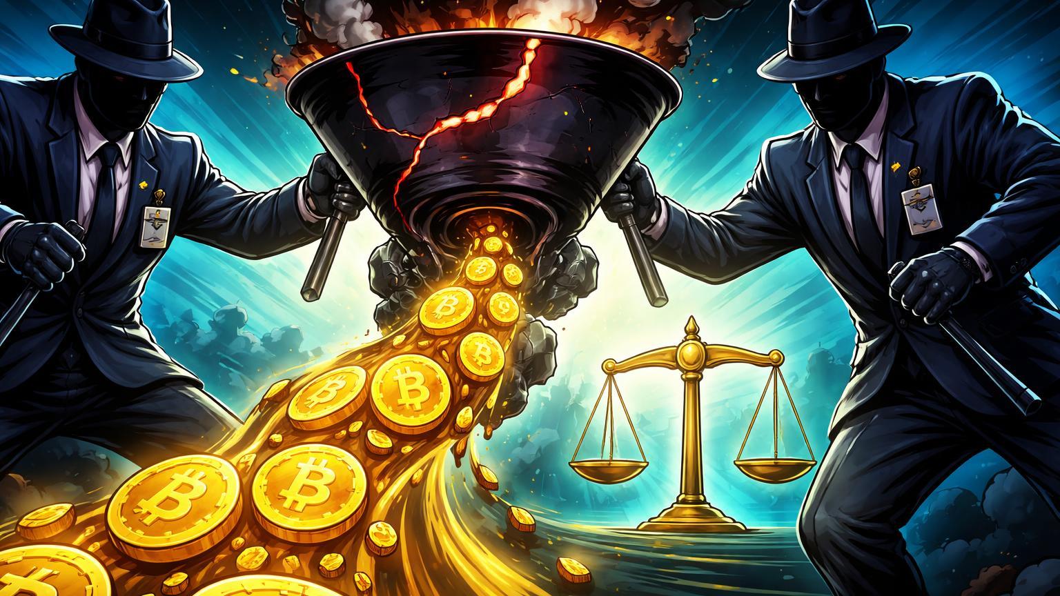Agentes federais cartoon confiscando mixer digital sombrio com moedas Bitcoin fluindo para balança da justiça, simbolizando ação do DOJ contra Helix