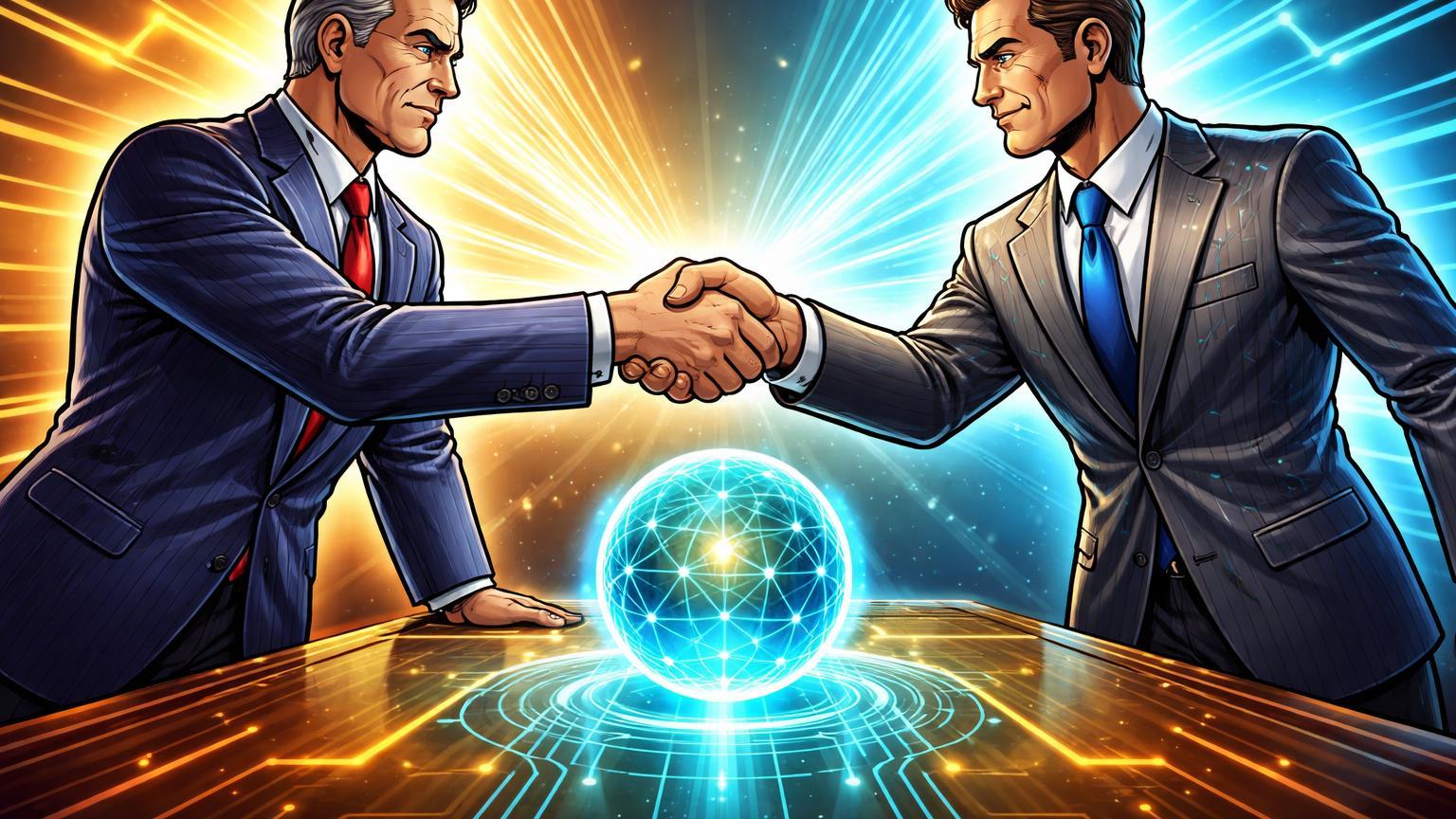 Dois reguladores cartoon estilizados apertando mãos sobre esfera cripto luminosa, simbolizando união da SEC e CFTC no fim da guerra regulatória