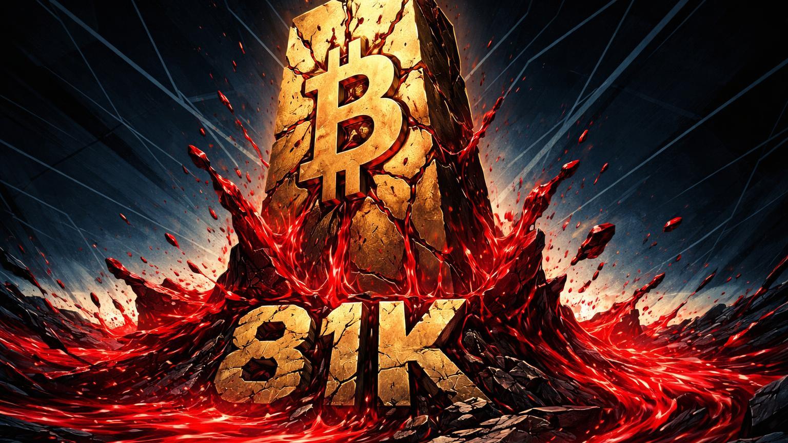 Monolito dourado Bitcoin rachando com '81K' na base sob avalanche vermelha de liquidações, simbolizando desaba e US$ 1.7 bi liquidados