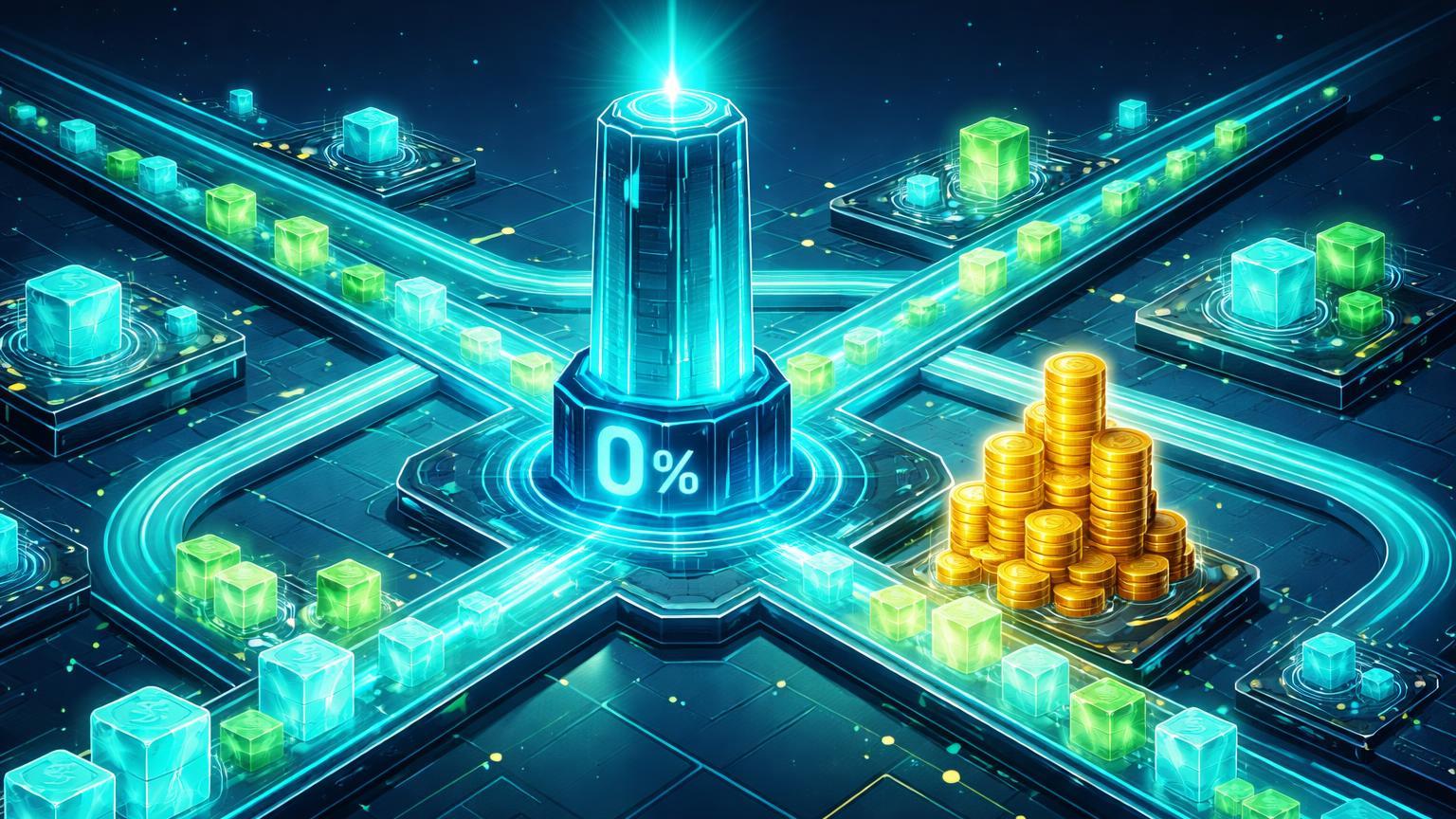Rede isométrica da BNB Chain com estradas glowing sem barreiras e fluxos de stablecoins, simbolizando prorrogação de taxa zero até fevereiro