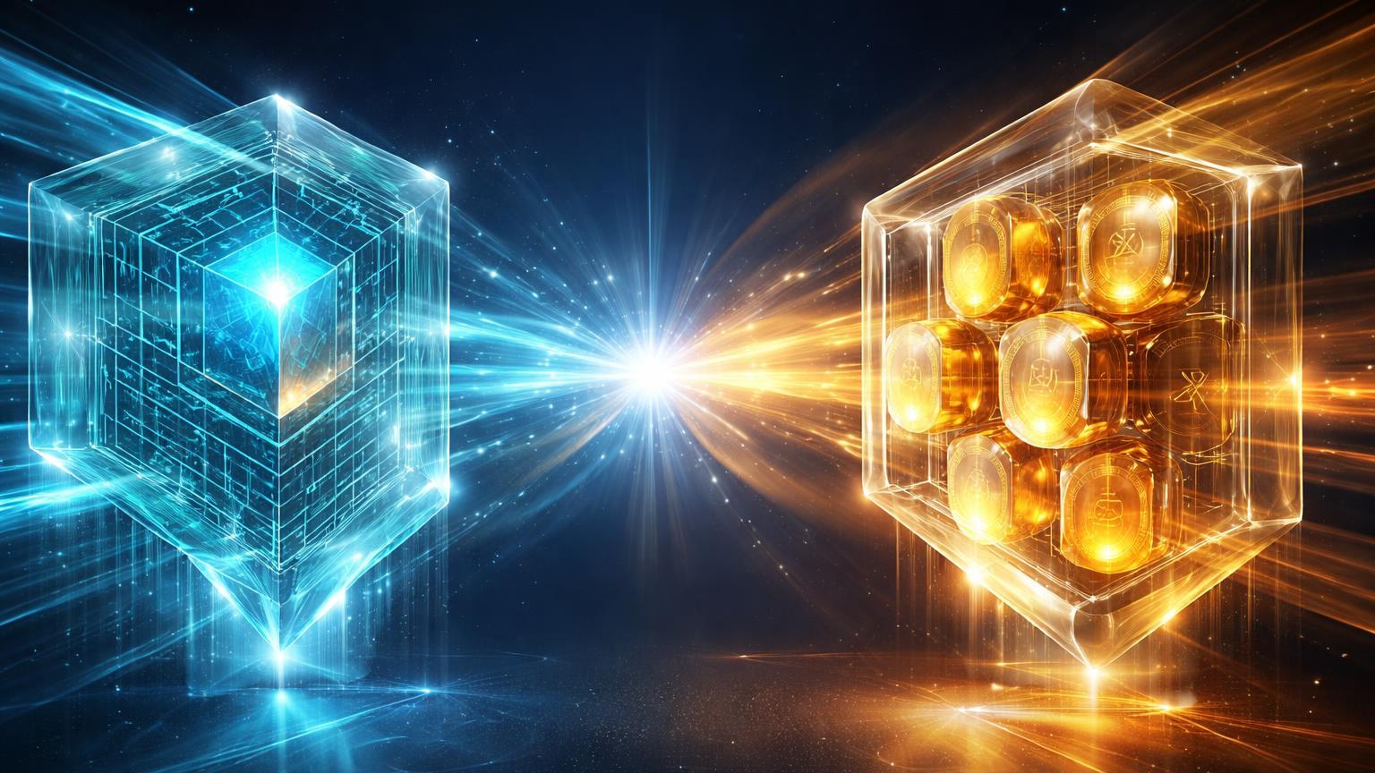 Estruturas de vidro translúcido de IA cyan e escrows dourados XRPL convergindo, simbolizando avanços NVIDIA Triton e aprovação em XRP Ledger