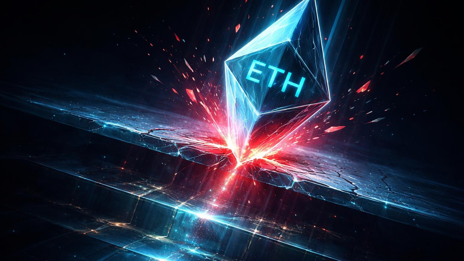 Prisma Ethereum com ETH gravado quebrando camadas de suporte digital vermelhas, simbolizando perda de suporte em US$ 2.800 e projeção de queda