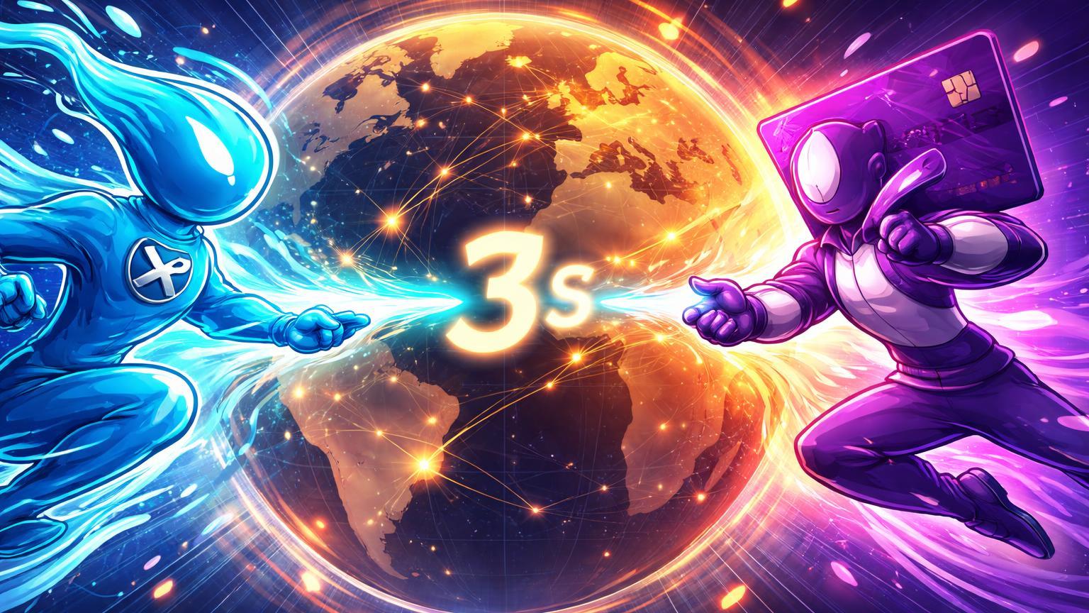 Personagens cartoon de Ripple e Nubank lançando raio cyan com '3s' através de globo, simbolizando pagamentos transfronteiriços em segundos