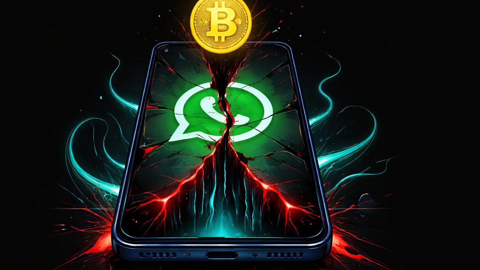 Smartphone com tela WhatsApp rachada em vermelho revelando abismo digital e tentaculos cyan, alertando para golpes de corretoras falsas de Bitcoin