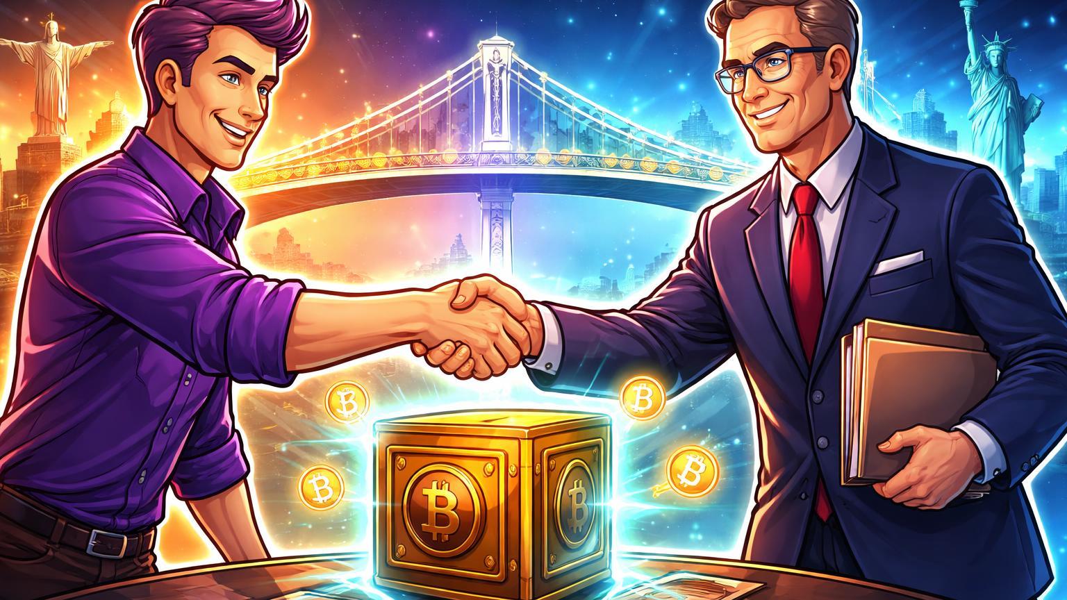 Executivos cartoon fintech brasileiro e regulador americano apertando mãos sobre cofre cripto, com ponte Brasil-EUA ao fundo, simbolizando aprovação do Nubank pela OCC