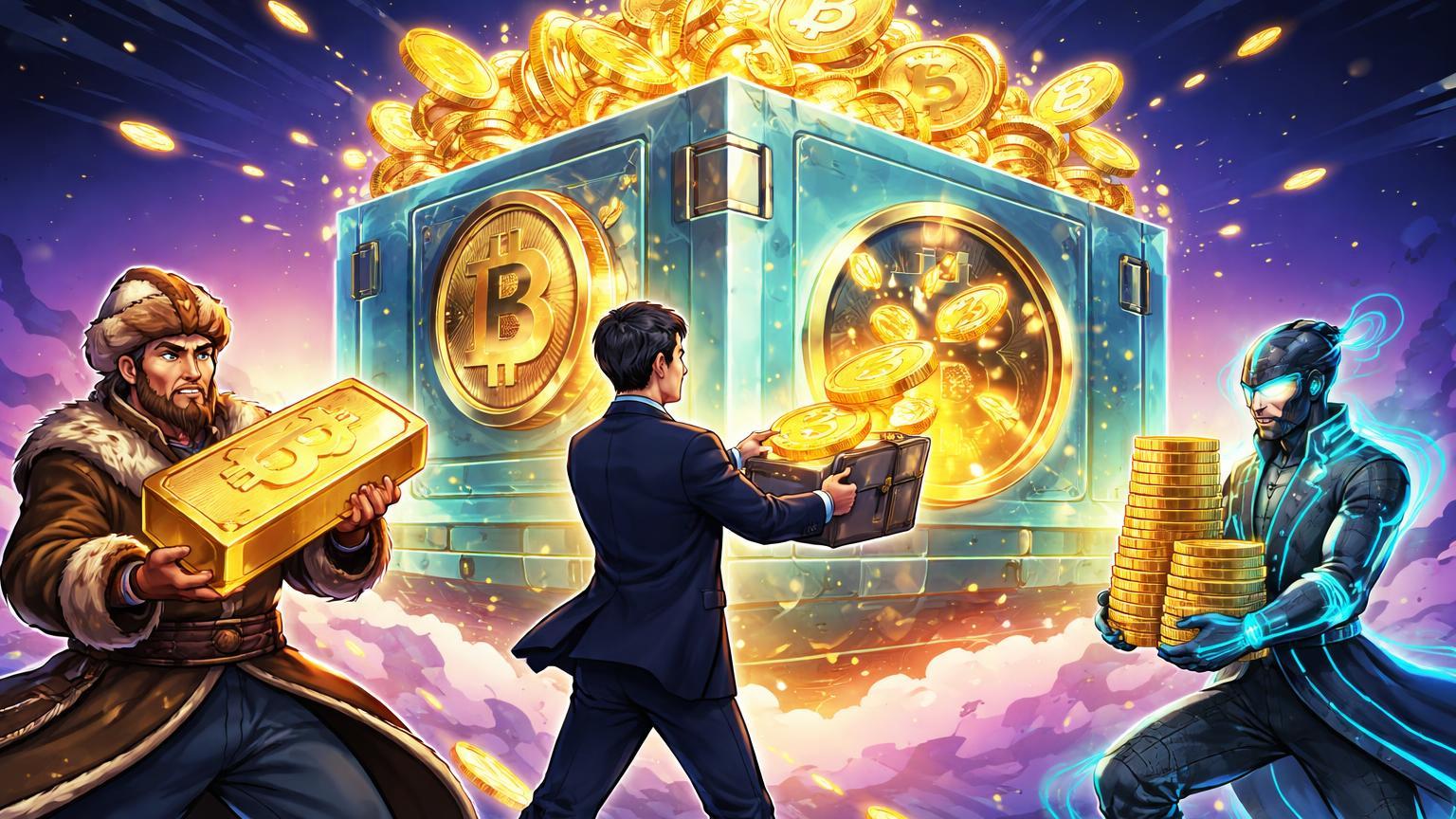 Personagens cartoon de soberania e empresas depositando Bitcoin em tesouraria flutuante, simbolizando adoção institucional por Cazaquistão e Metaplanet