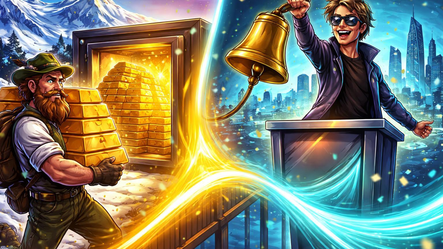 Personagens cartoon: montanhês carregando lingotes de ouro nos Alpes e executivo tech tocando sino da Nasdaq, simbolizando consolidação institucional de Tether e Kraken