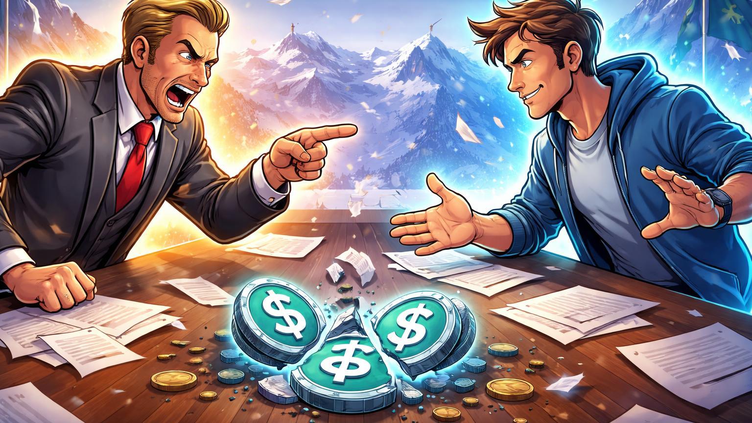 Executivos cartoon em confronto sobre mesa com stablecoins, simbolizando embate entre Jamie Dimon e Brian Armstrong em Davos