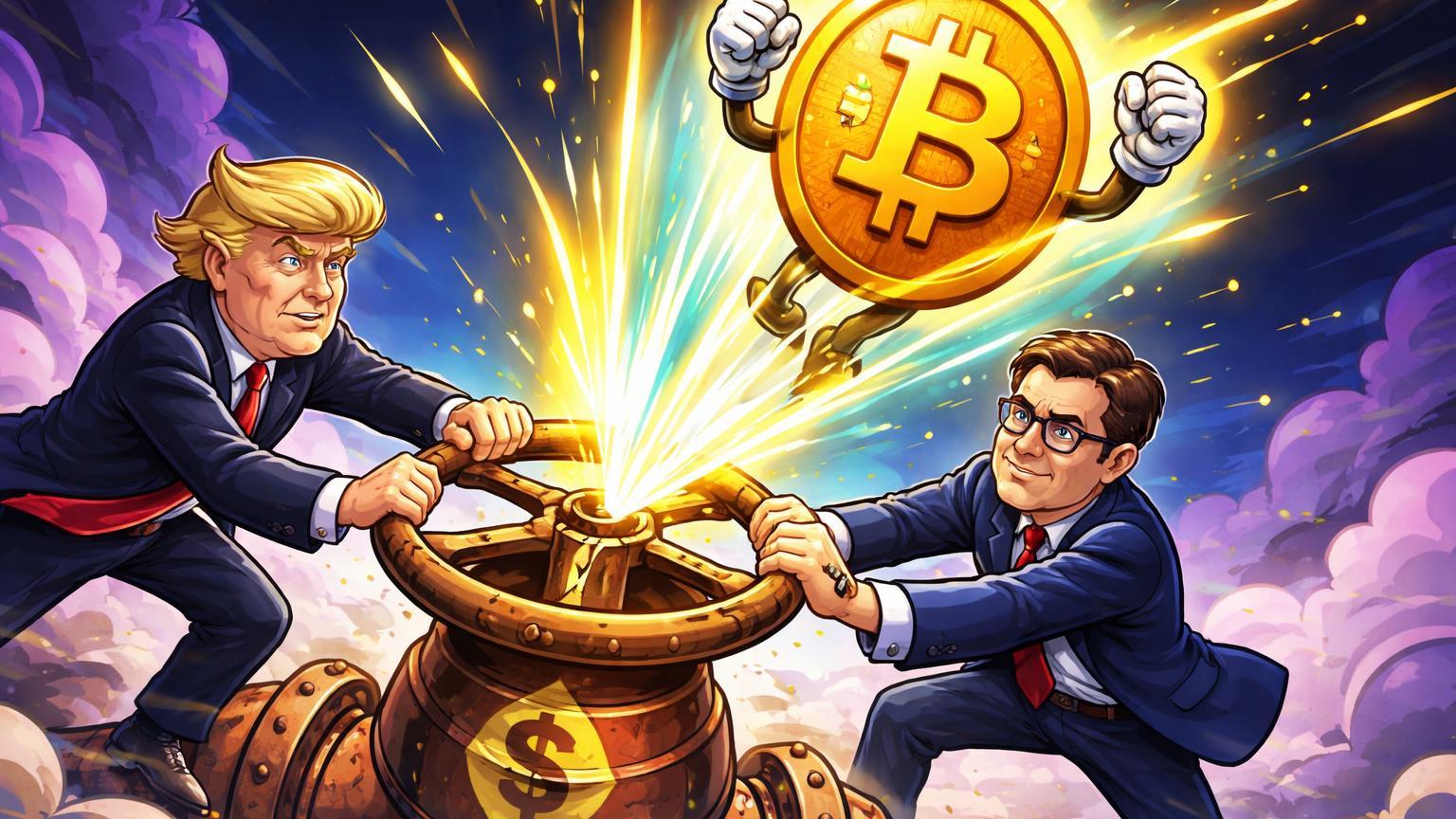 Personagens cartoon de Trump e Warsh girando válvula de cortes de juros, liberando energia dourada que impulsiona Bitcoin para rali cripto