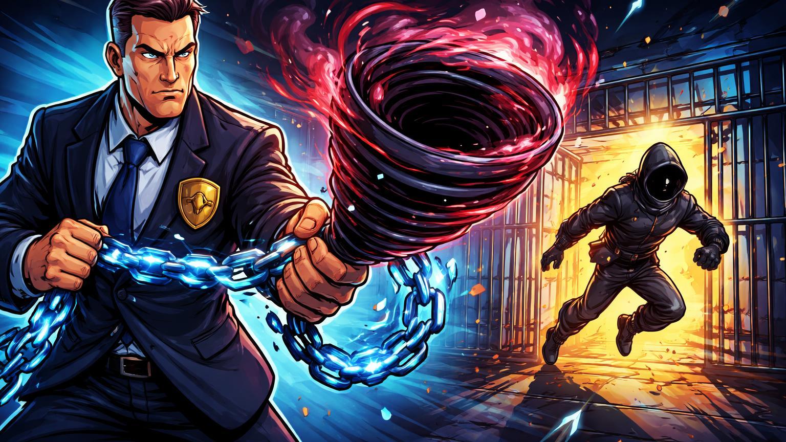 Agente DOJ cartoon apreendendo mixer digital escuro enquanto hacker DeFi foge de prisão rachada, simbolizando justiça e riscos em cripto