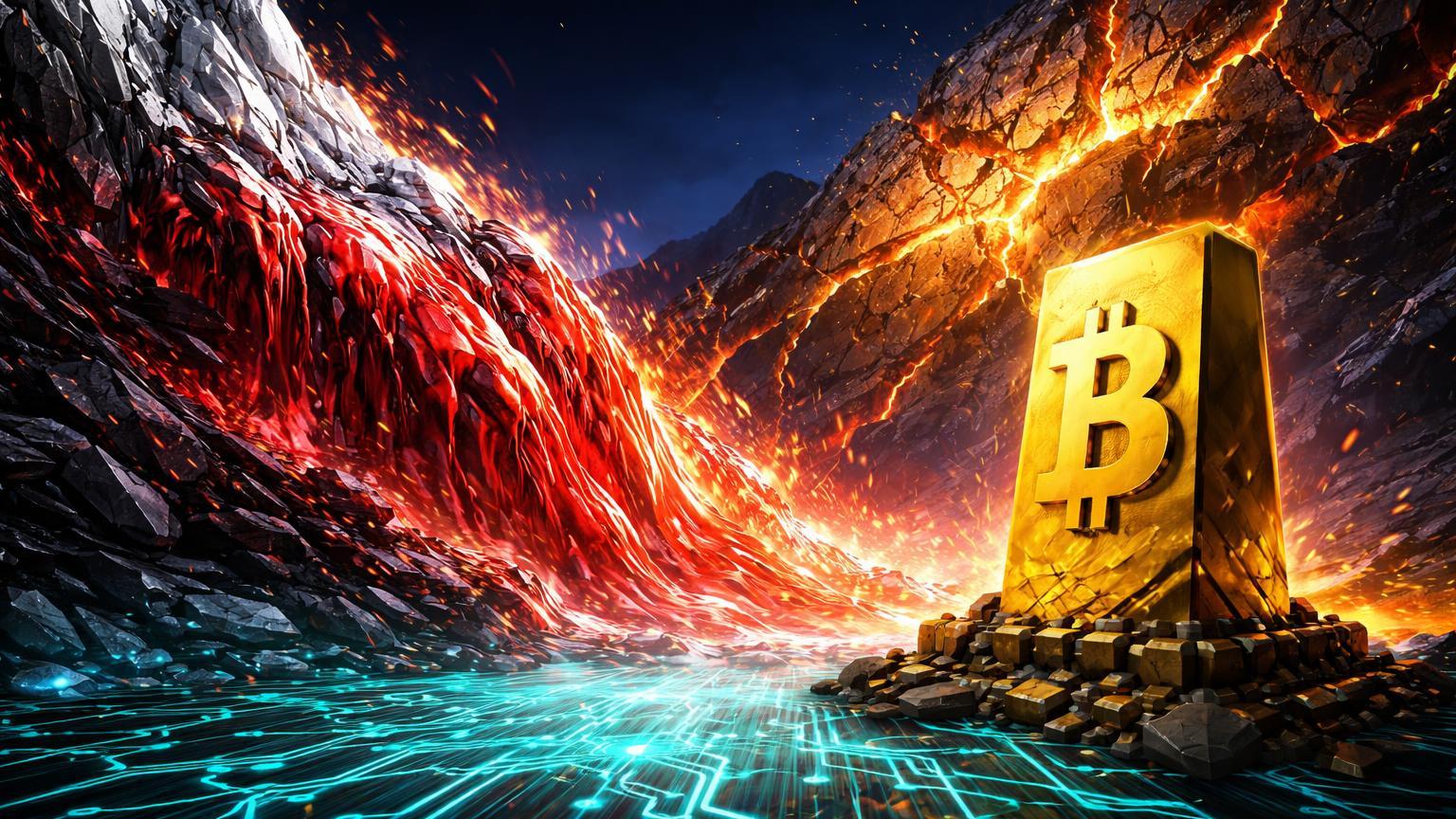 Montanha de prata derretendo em avalanche vermelha atingindo rede cripto, com monolito Bitcoin dourado resistindo, simbolizando crash de metais e liquidações