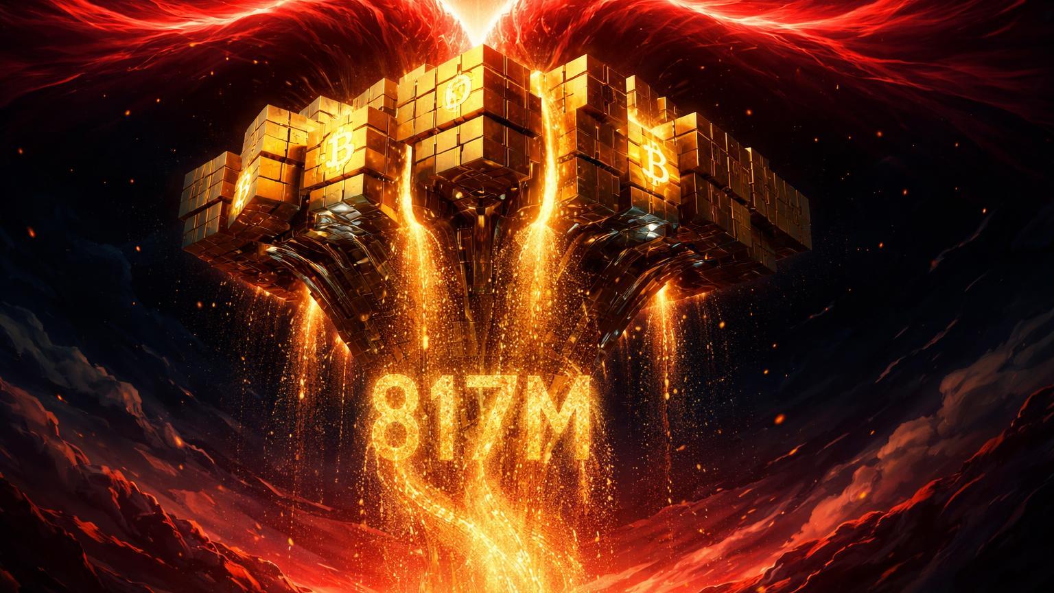 Fortaleza dourada de ETFs rachada liberando fluxo de partículas '817M' em vórtice vermelho, simbolizando saídas por inflação PPI de 3% nos EUA