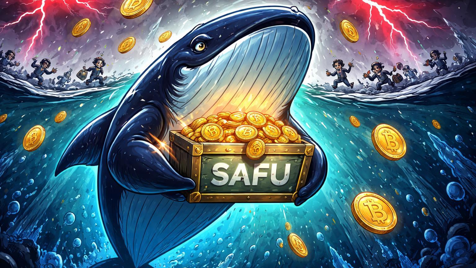 Baleia cartoon confiante acumulando moedas BTC de baú SAFU enquanto varejo em pânico foge na tempestade, sinalizando smart money na queda do Bitcoin
