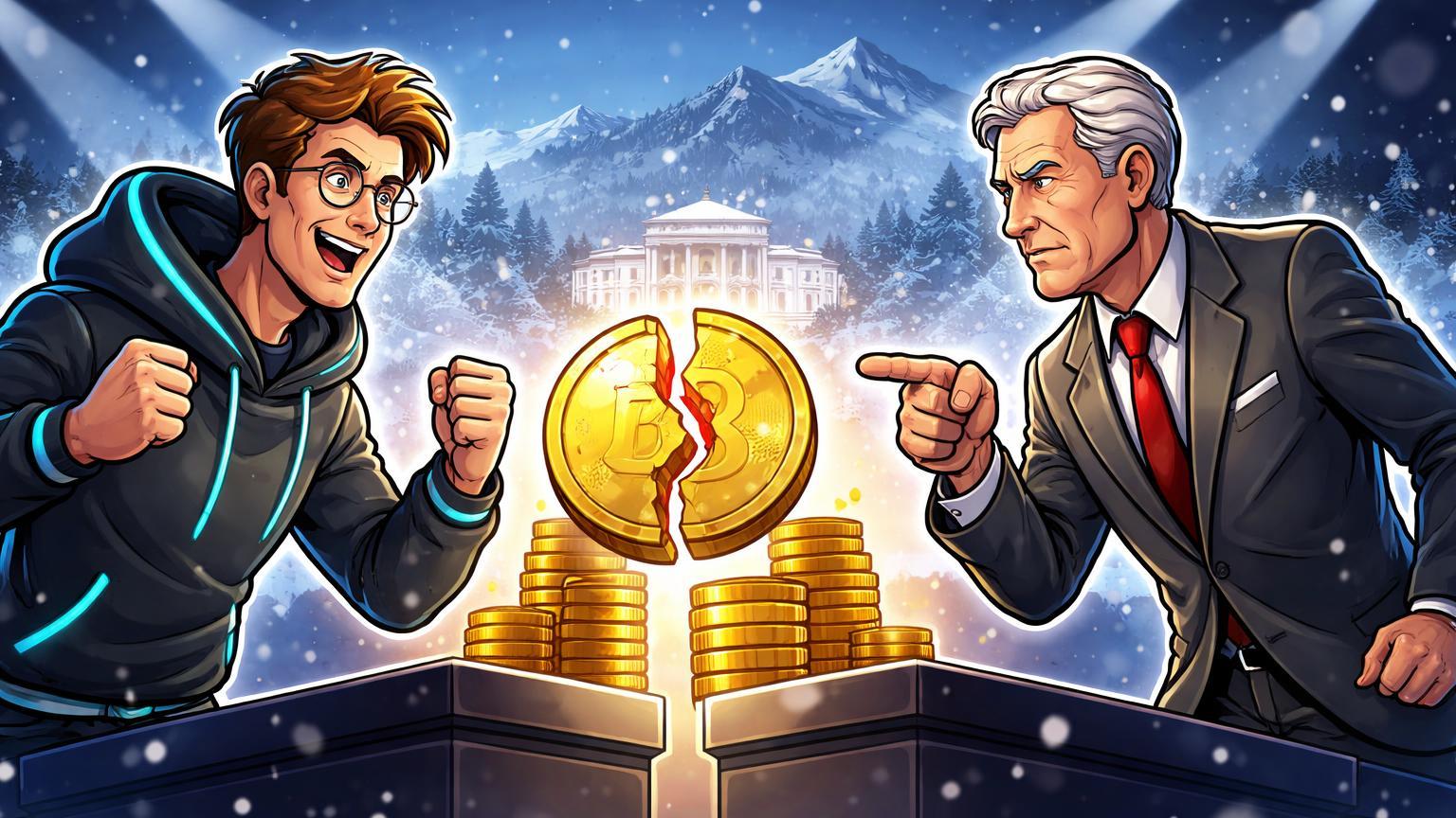 Executivos cartoon estilizados debatendo acaloradamente em palco nevado de Davos com stablecoin rachada, simbolizando choque Armstrong-Dimon sobre regulação cripto