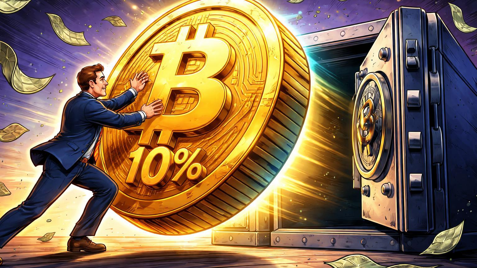 Legislador cartoon empurrando lingote Bitcoin com '10%' para cofre estatal, enquanto dólares murcham, simbolizando proposta de reserva em Tennessee