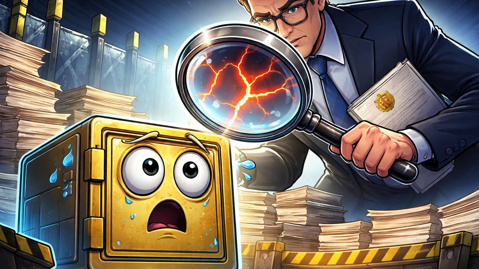 Regulador cartoon com lupa gigante examinando exchange estilizada com rachaduras, simbolizando auditoria BaFin na Bitpanda e riscos regulatórios