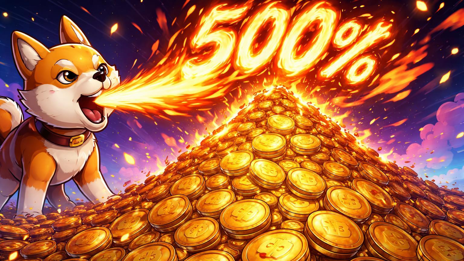 Shiba Inu cartoon soprando chamas com 500% sobre pilha imensa de tokens SHIB, simbolizando burn rate disparado e otimismo em memecoins