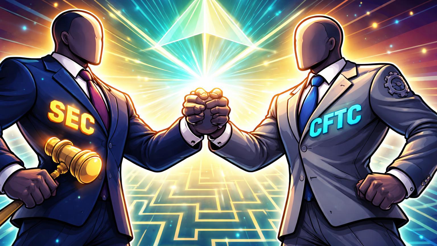 Personagens cartoon de SEC e CFTC apertando mãos com prisma de luz emergindo, simbolizando trégua regulatória e clareza para cripto nos EUA