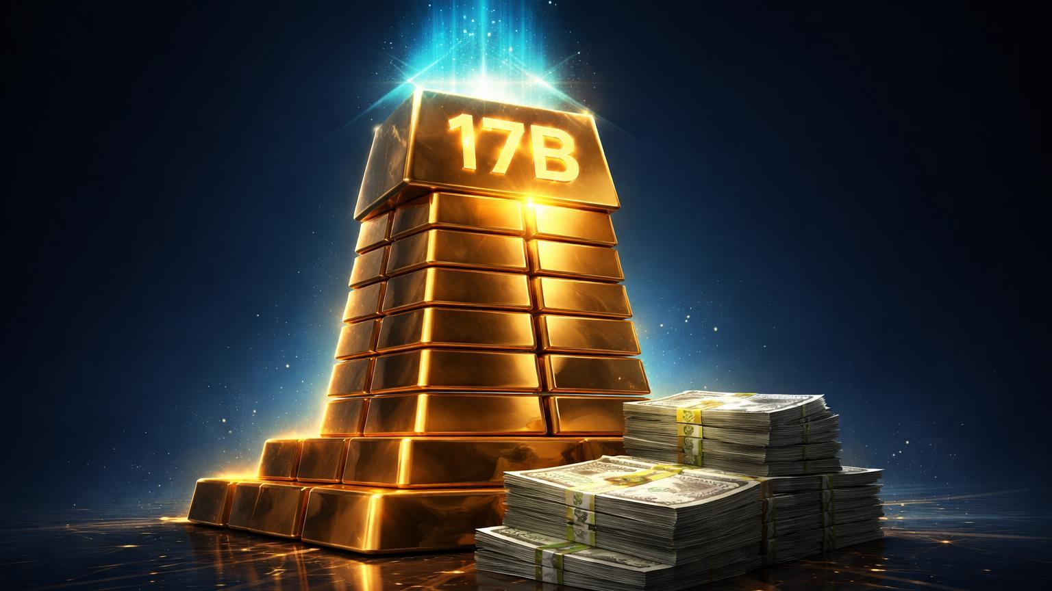Torre colossal de lingotes de ouro com 17B gravado e pilhas de títulos do tesouro, simbolizando lucros e reservas recorde da Tether em 2025