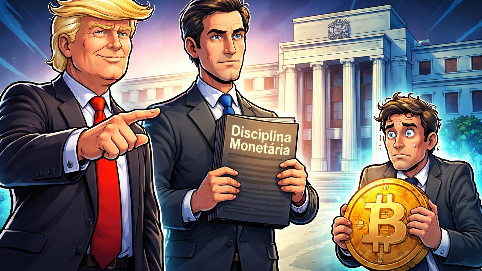 Personagens cartoon de Trump apontando Warsh com livro de disciplina monetária na sede Fed, investidor cripto preocupado simbolizando impacto em Bitcoin
