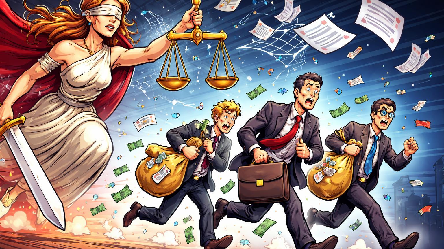 Executivos cartoon fugindo com maletas de ações perseguidos pela Justiça, ilustrando processo por insider trading contra Coinbase