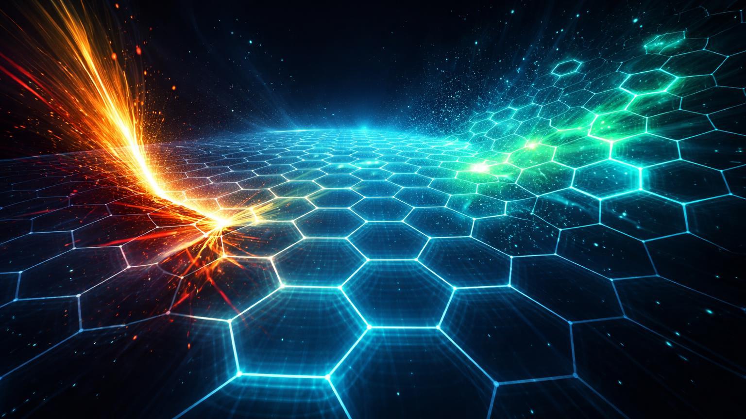 Rede hexagonal cyan com brecha vermelha reparada por fluxo dourado e expansao verde, simbolizando recuperacao de Binance e Bybit apos crash e hack