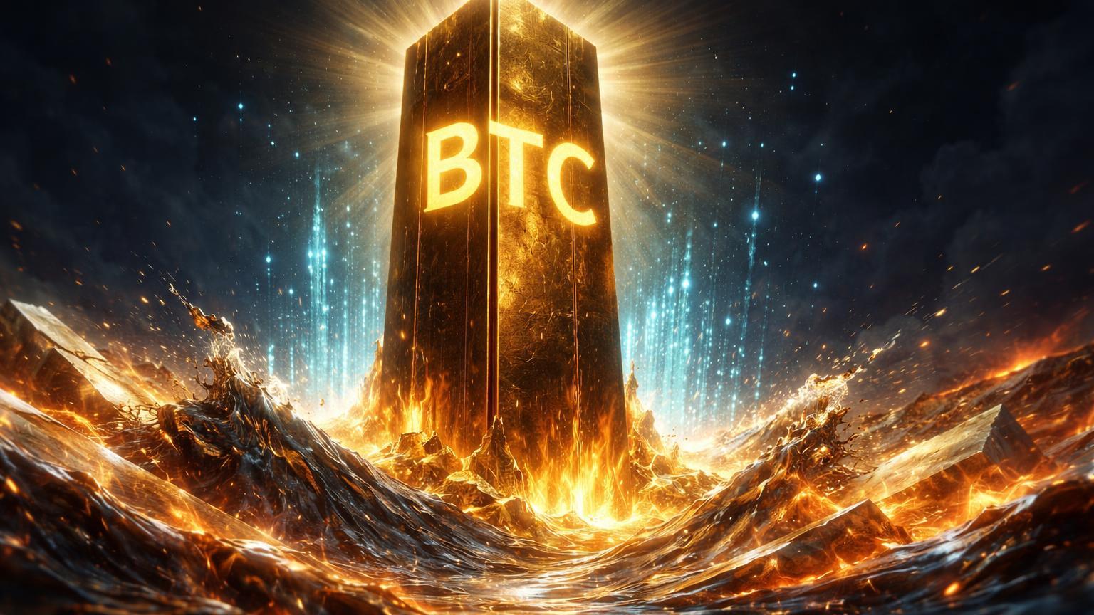 Monólito dourado do Bitcoin erguendo-se firme de oceano de metais preciosos derretendo, simbolizando resiliência relativa ao crash de ouro e prata
