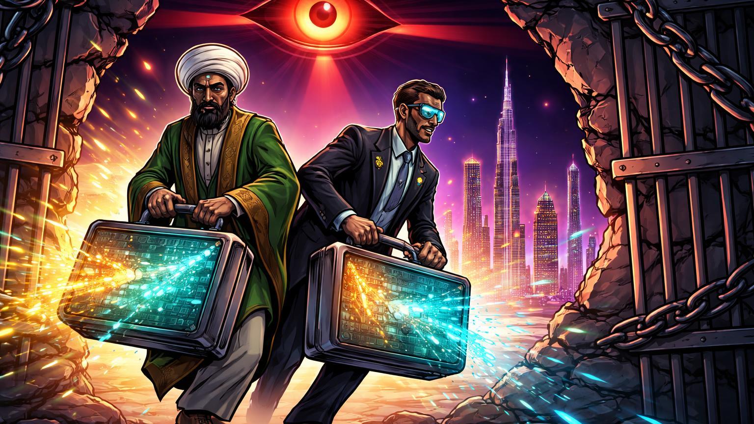 Figuras cartoon da elite iraniana transferindo maletas de cripto através de rachadura em muralha de sanções para skyline de Dubai, sob olho vigilante