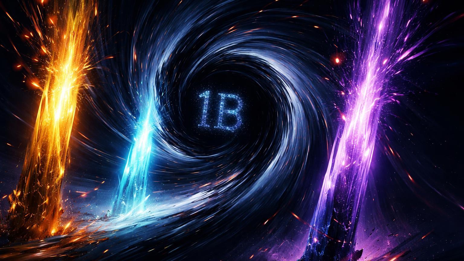 Vórtex negro sugando pilares de energia dourado, cyan e roxo de ETFs BTC, ETH e XRP, representando saídas recordes de US$ 1 bilhão