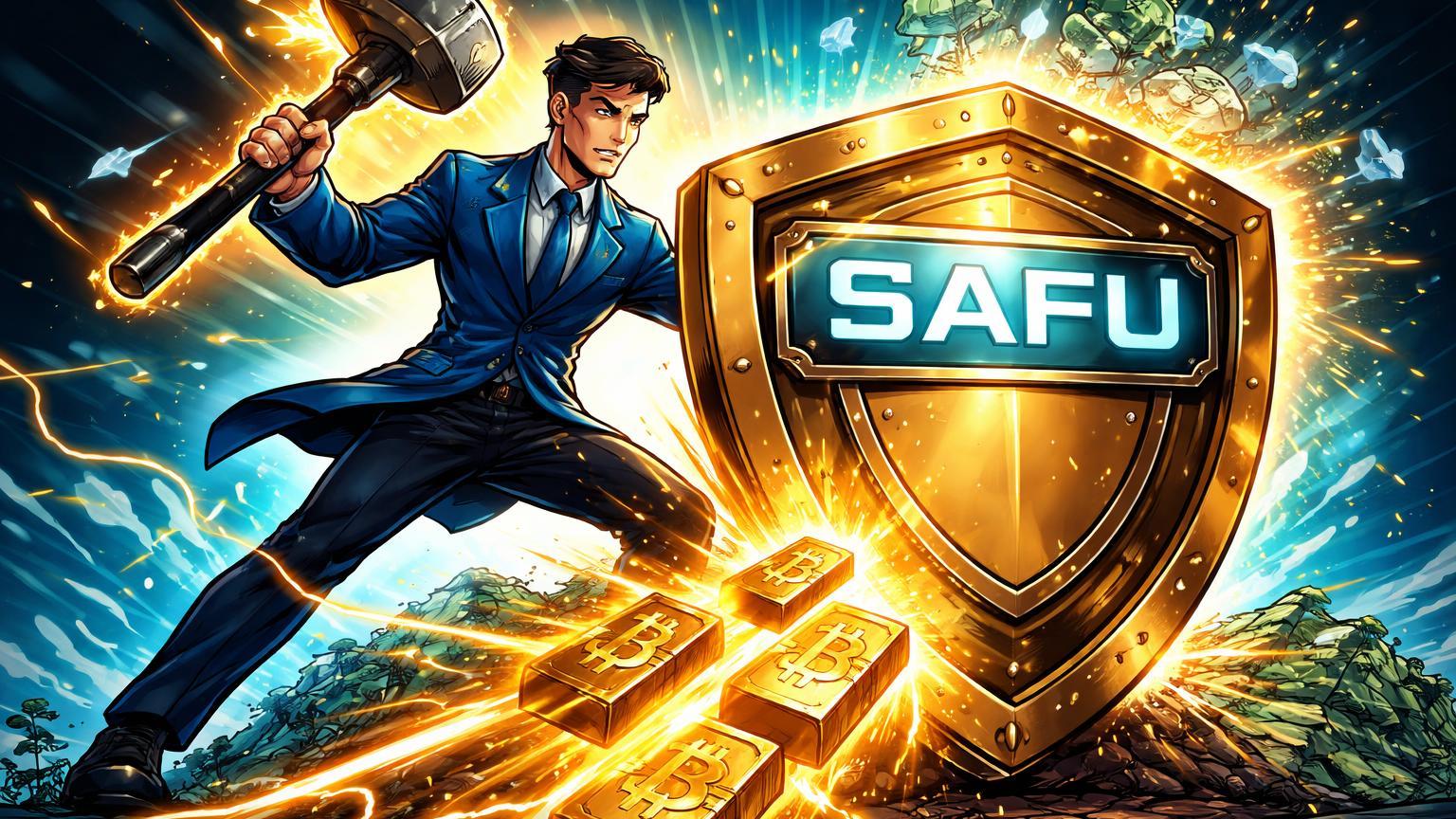 Personagem cartoon de exchange forjando escudo SAFU com lingotes Bitcoin dourados, simbolizando conversão de US$1 bi para reservas seguras