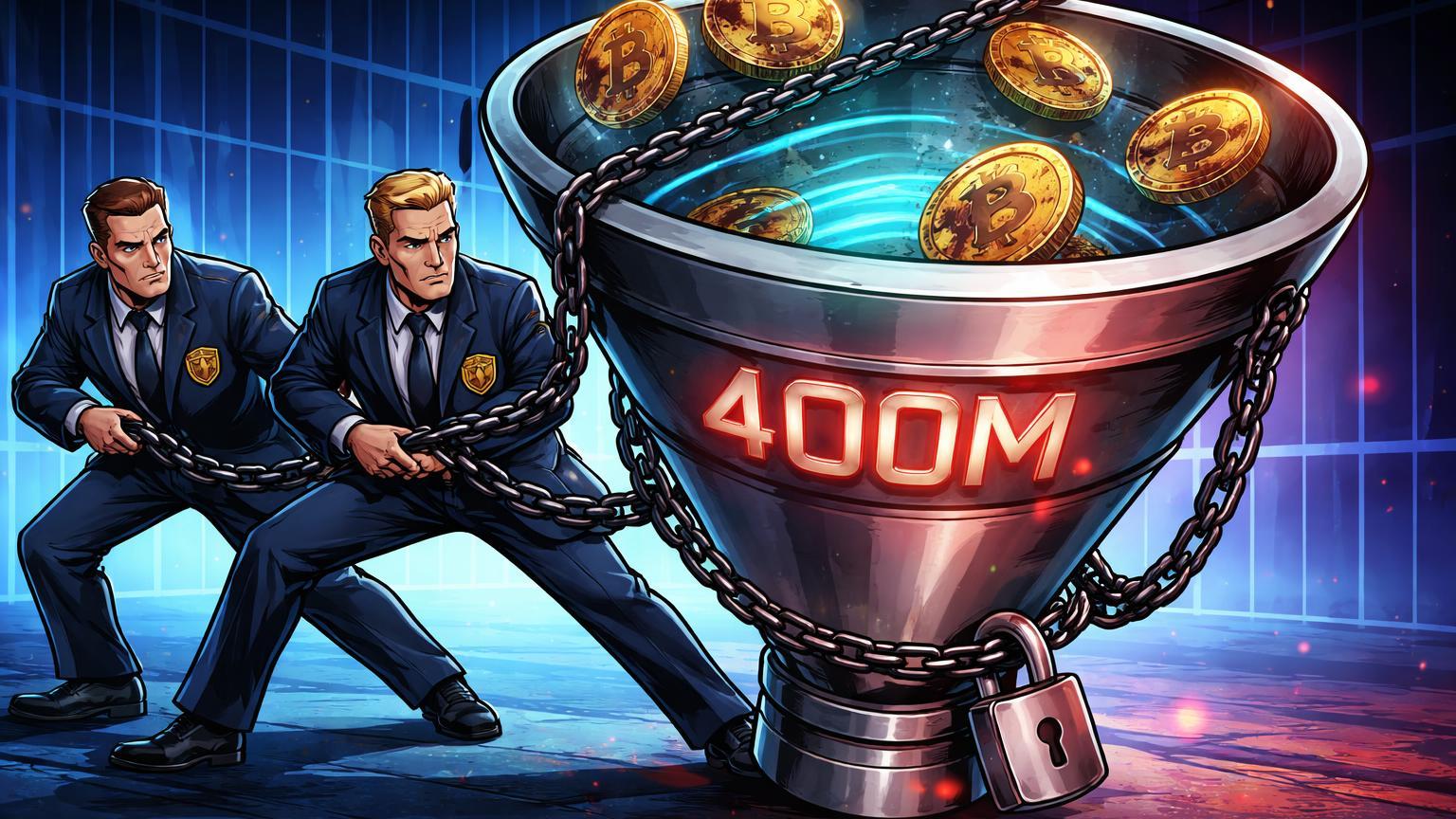 Agentes DOJ cartoon algemando funil mixer com moedas Bitcoin e 400M gravado, ilustrando apreensão recorde de US$ 400 milhões