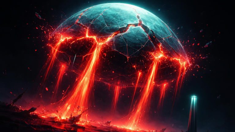 Cúpula digital cyan rachada liberando torrentes vermelhas de liquidação, com pilar resiliente simbolizando pânico cripto e US$16B em perdas