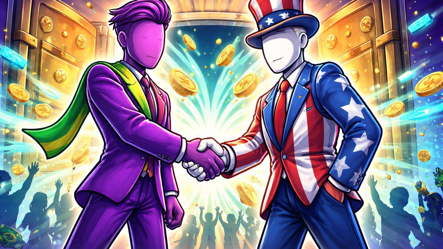 Personagens cartoon de Nubank e EUA apertando mãos abrindo portas bancárias com fluxo cripto para clientes, simbolizando licença americana e expansão