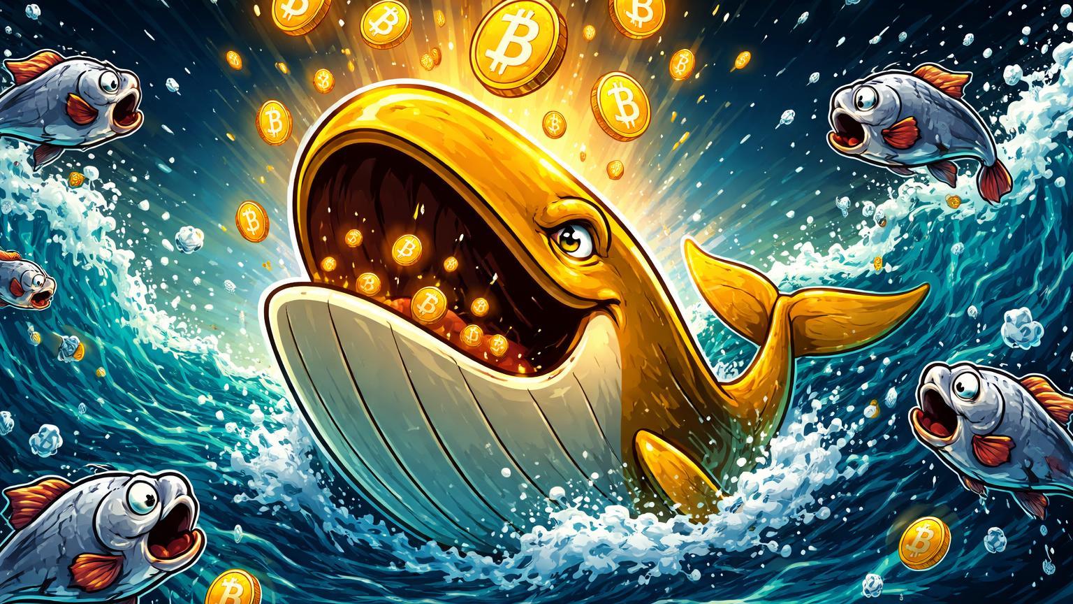 Baleia cartoon dourada engolindo BTC caindo em oceano tempestuoso enquanto peixes retail fogem em pânico, simbolizando acumulação de baleias na queda do Bitcoin