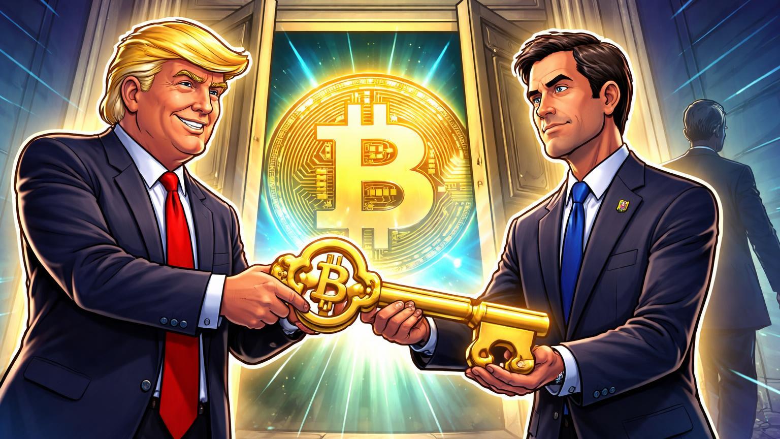 Personagens cartoon de Trump entregando chave dourada a Warsh diante de porta do Fed com Bitcoin luminoso emergindo, simbolizando nomeação pró-Bitcoin