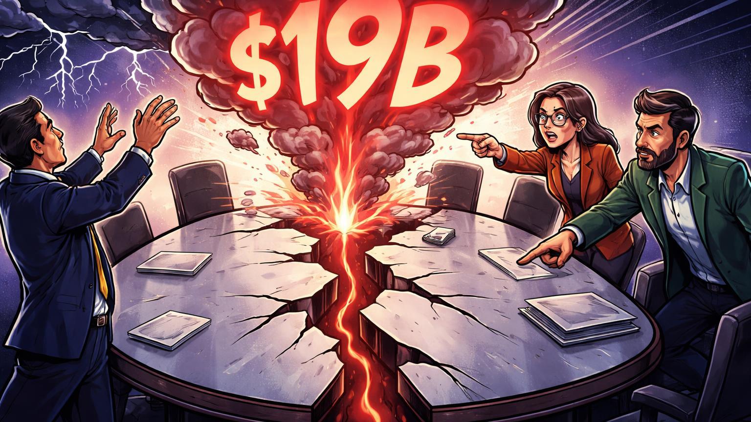 Executivos cartoon debatendo sobre mesa rachada com '$19B' liquidações, simbolizando polêmica do flash crash na Binance
