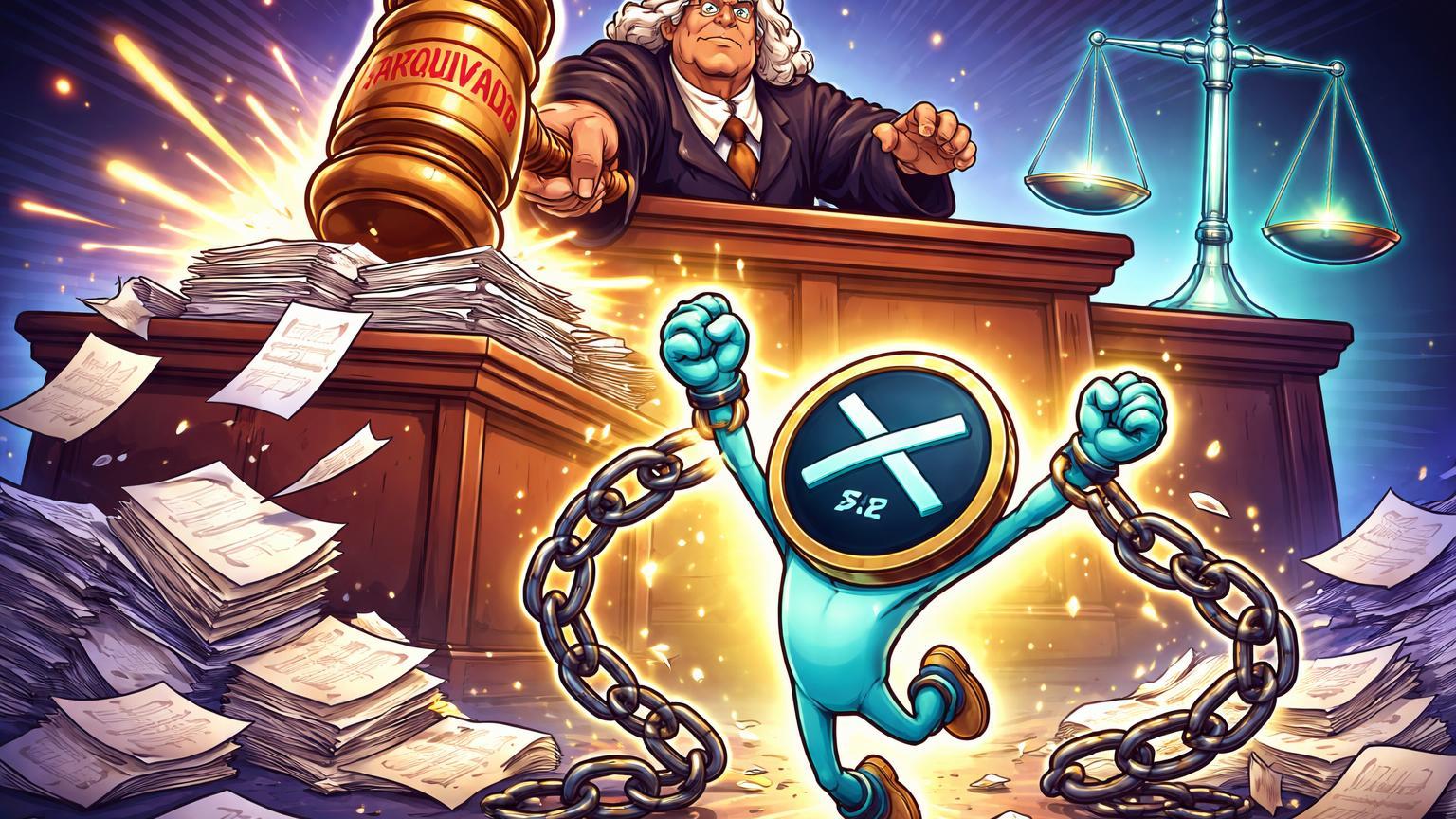 Juiz cartoon arquivando processo com martelo enquanto personagem XRP quebra correntes, celebrando vitória judicial da Ripple