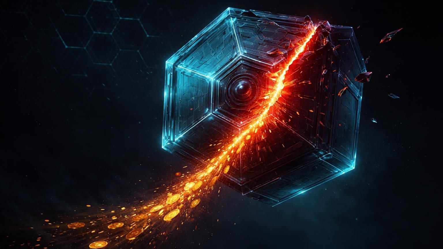 Cofre tesouraria digital hexagonal com brecha vermelha vazando particulas douradas SOL, simbolizando hack de US$ 27 mi na Step Finance